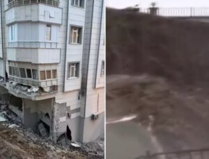 5 katlı binanın istinat duvarı böyle çöktü