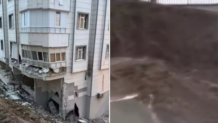 5 katlı binanın istinat duvarı böyle çöktü